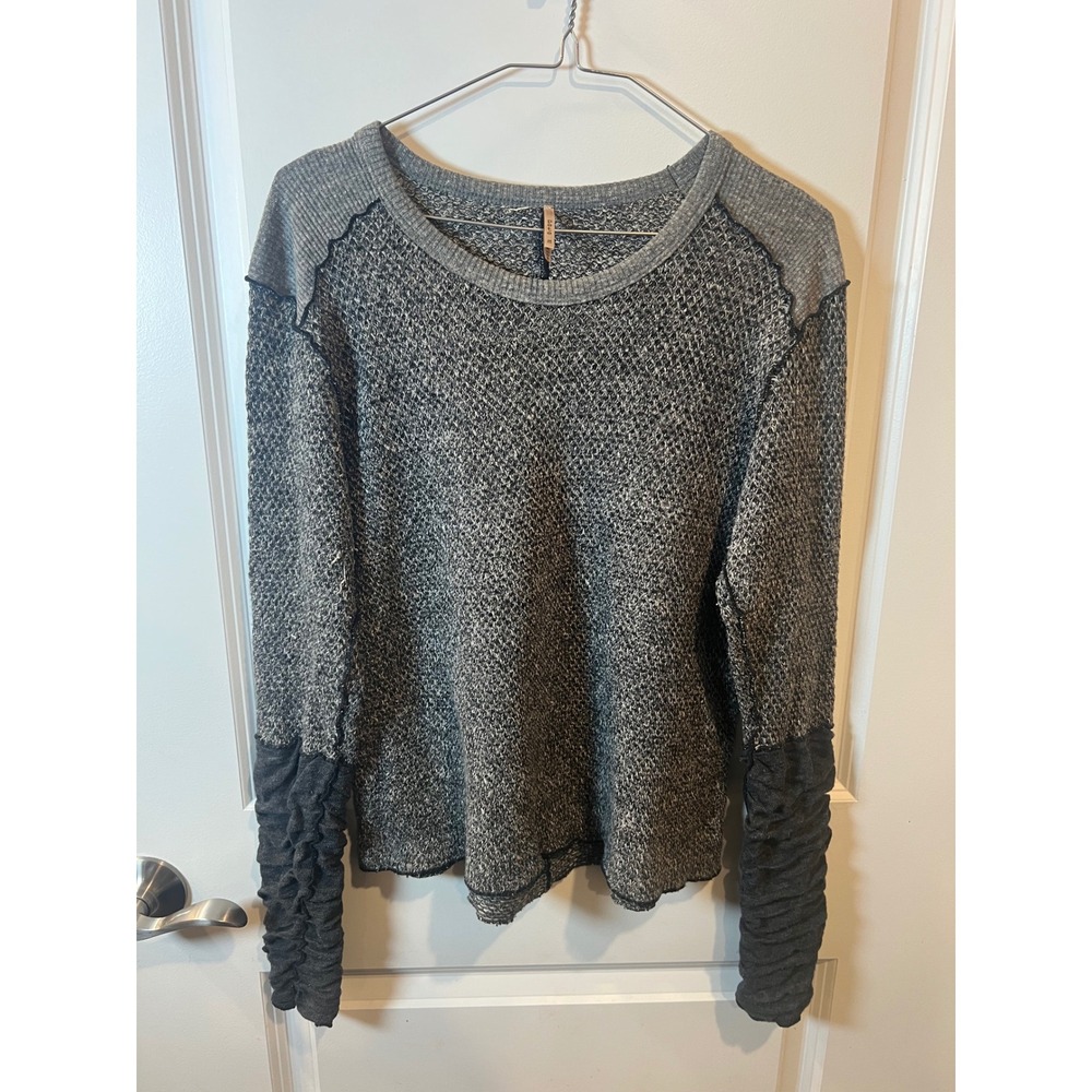 Pete Womens Knit Top Ruched Contrast Sleeve Gray M